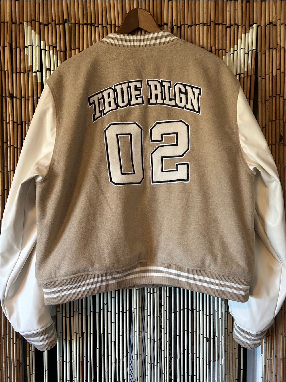 True Religion Tan and White Varsity Bomber Jacket